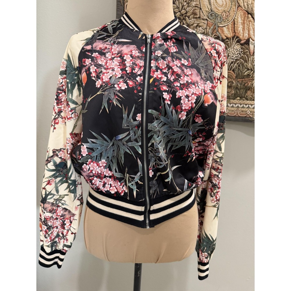Flying Tomato Jacket Womens Medium Multicolor Floral Satin Bomber Zip 1J9558